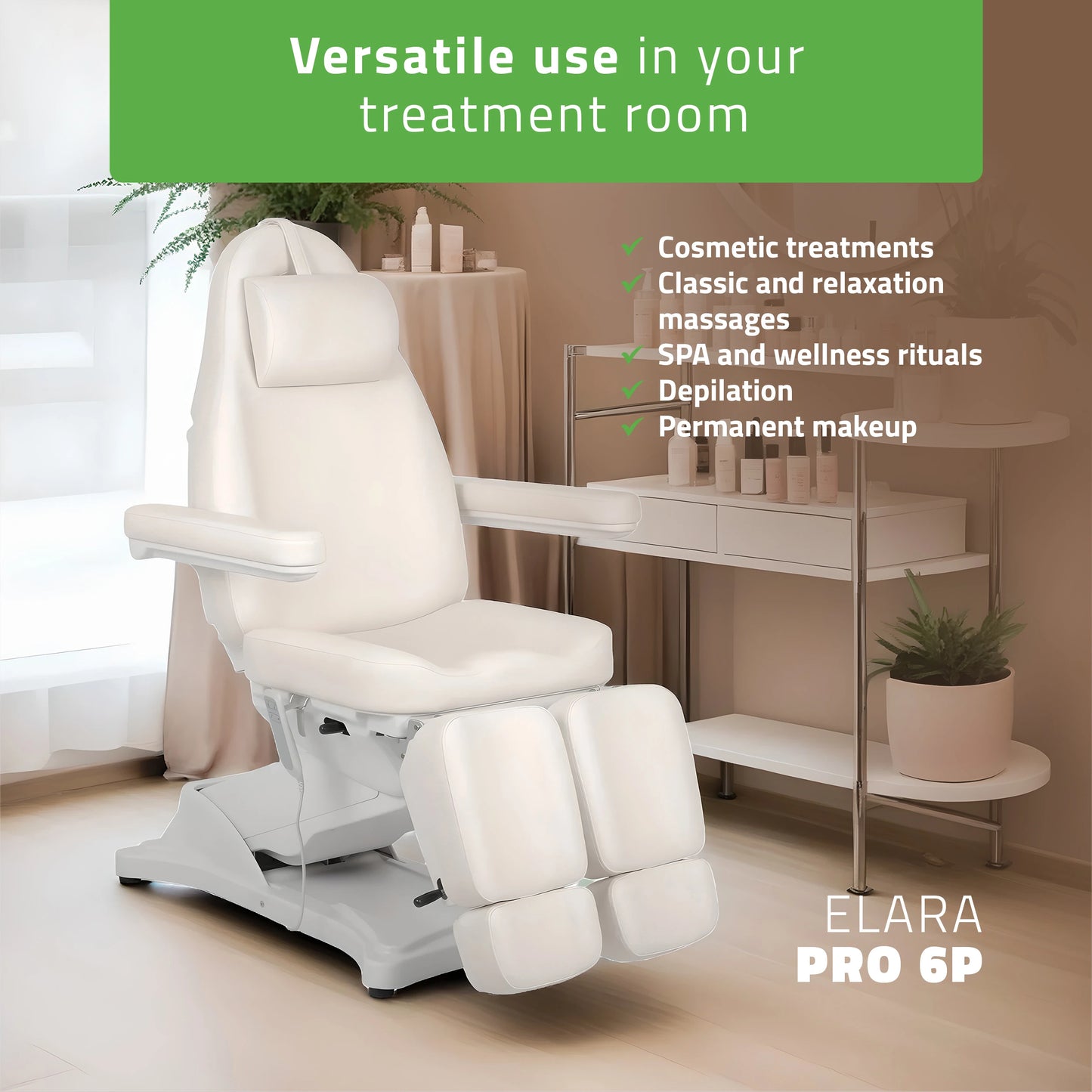 Cosmetic treatment chair, electric Elara PRO 6P, white